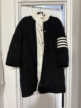 Thom Browne Black and White Hooded Puffer Coat with Stripe Sleeve Detail